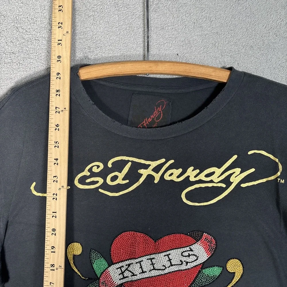 Ed Hardy Love Kills Slowly Long Sleeve Shirt Black Rhinestone Skull XL‎ NWT